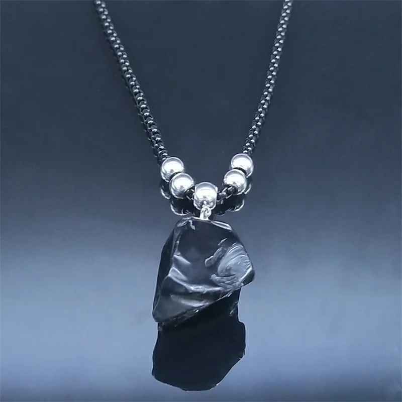 Boho Obsidian Naturstein Perle Glück Halskette Anhänger Frauen Edelstahl Schwarz Farbe Kette Halskette Mode Schmuck NGG47-1 – Detail 7