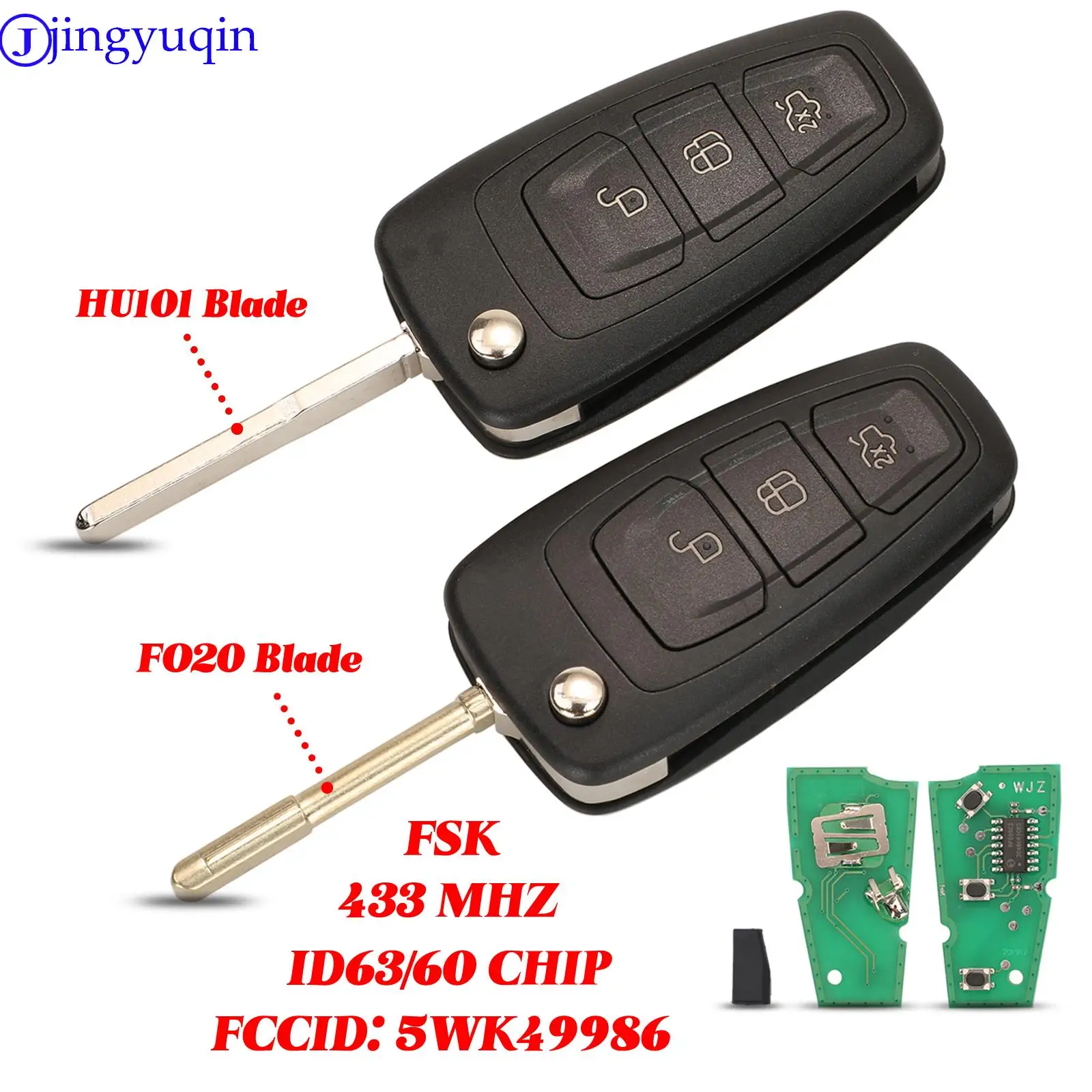 

jingyuqin 3BTN 433Mhz FSK 4D63/4D60 Chip Remote Car Key Fob For Ford Kuga C-Max Focus Fiesta Mondeo Galaxy HU101 FO21 Flip Blade