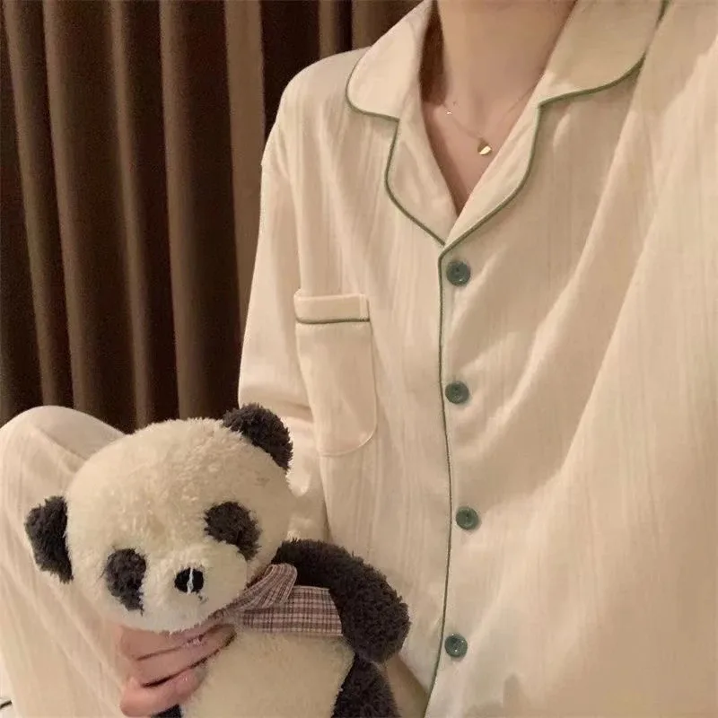 Women Long Sleeve Trousers Soft Pajamas Dormir Lounge Sleepwear Solid White Pajama Mujer Bedroom Home Clothes Female Pyjamas