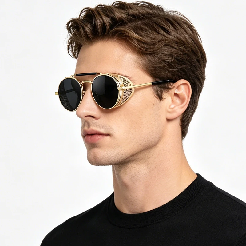 Steampunk Round Sunglasses Men Women Retro Gothic Metal Male\'s Sun Glasses Fashion Brand Designer Summer Driving Shades