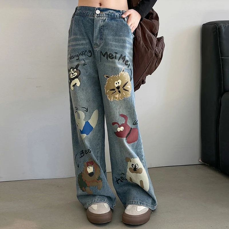 

Spring and Autumn Girls' Blue Cartoon print Jeans Loose Straight Pants Youth Children's personalized trousers 4-14 Years Old