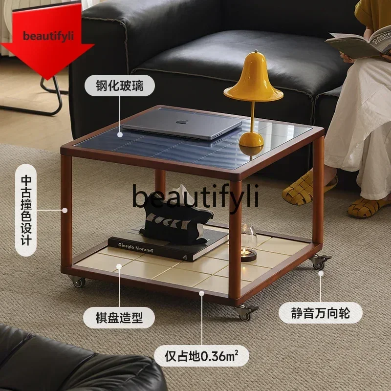 Q181  Solid wood tempered glass chessboard mobile coffee table Bauhaus medieval style living room side table combination   ll