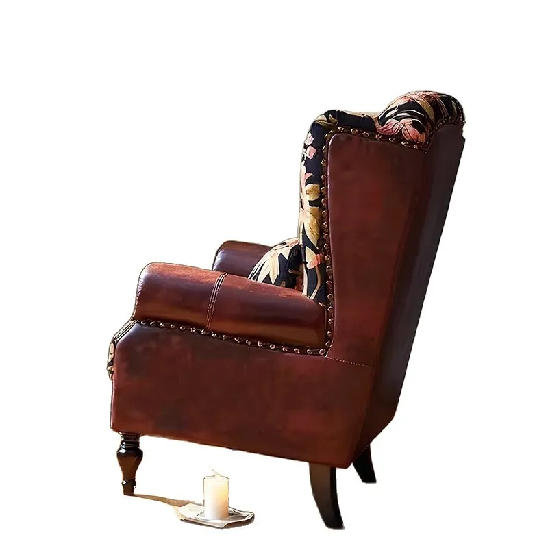 French retro-style flower tiger chair, fabric leather splicing leisure chair, American living room high back