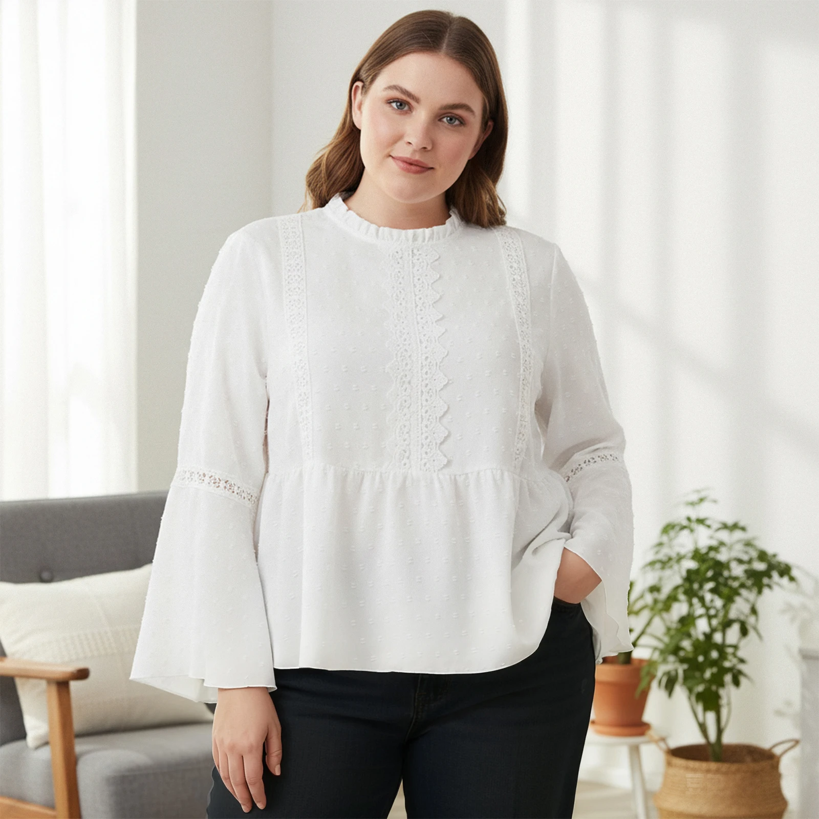 2026 ربيع مثير المرأة حجم كبير تي شيرت أنيق كم طويل طاقم الرقبة النقاط المرقعة السيدات الخريف سليم بلوزات بيضاء الشارع الشهير