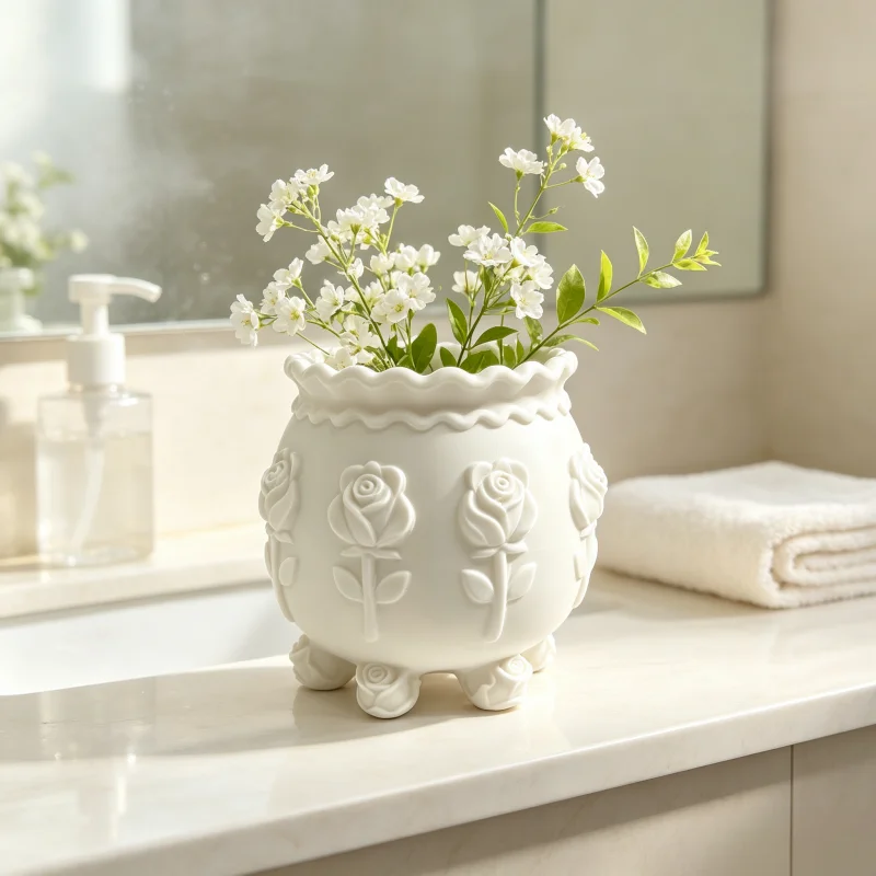 Girly-Style Embossed Rose Flower Vase, White Six-Legged Flower Bucket, Wavy Edge at the Mouth of the Vase, Practical Tabletop Container, Suitable for Living Room, Kitchen, and Bathroom Decoration