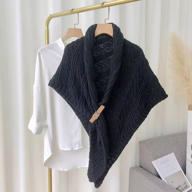 

Fashion Korean Version Spring Autumn Leather Buckle Shawl Fork Triangular Cape Women's Knitted Scarf Girl Bib Scarf Black