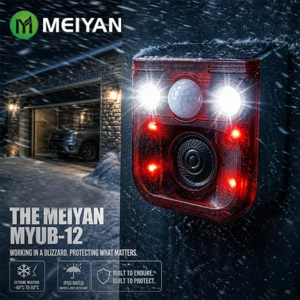 Solar Garden Animal Deterrent Alarm with 10 Selectable Sounds 120dB Siren PIR Motion Sensor Red and White LED Flashing Lights USB-C Rechargeable IP55 Weather Resistant for Outdoor Yard Farm Orchard with Day and Night Alarm Modes Ground Stake or Wall Mount