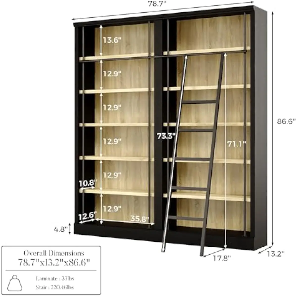 Tall 86.6-inch Wall-Mounted Modern Bookshelf with Mobile Ladder, 12-Shelf Storage Unit Featuring Anti-Tip Anchors, Heavy-Duty MD