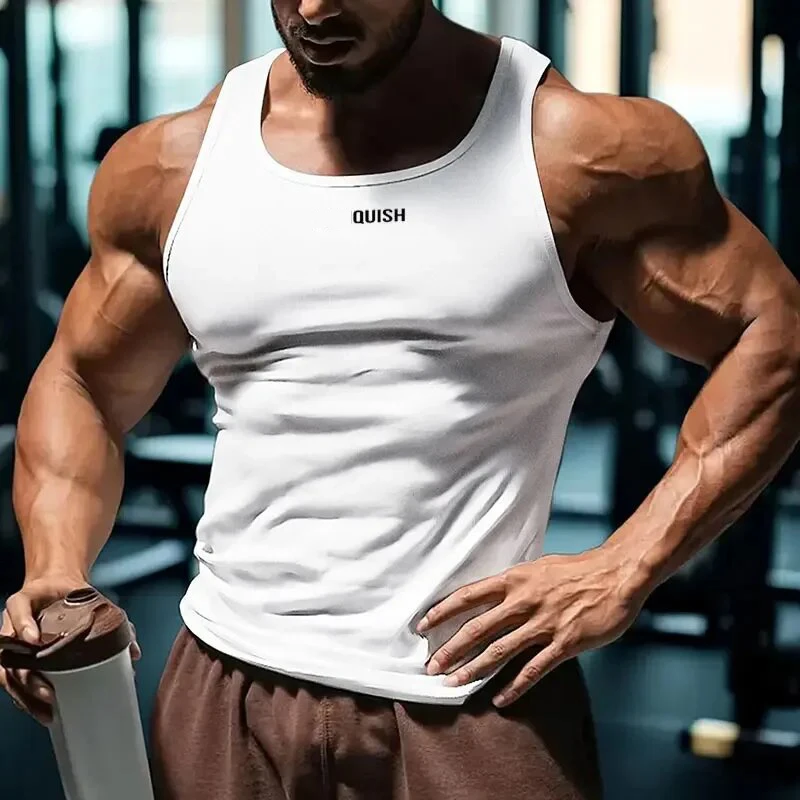 Summer Men's Slim Fit Sports Vest Trendy Brand Printed Solid Color Quick Dry Breathable Casual Fitness Top for Men