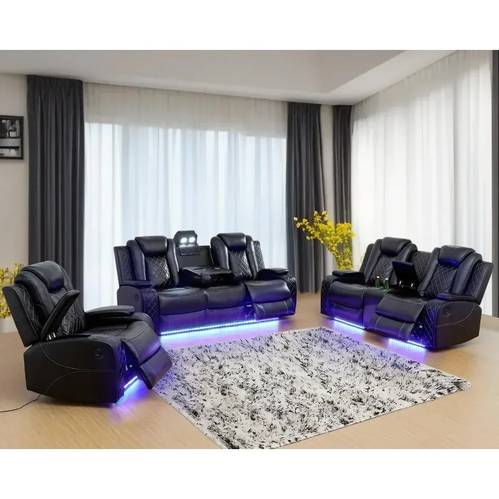 

Living Room Furniture Set, Leather Sofa Set with USB Port Storage Console Cup Holder (Power Reclining Sofa Set, Black)