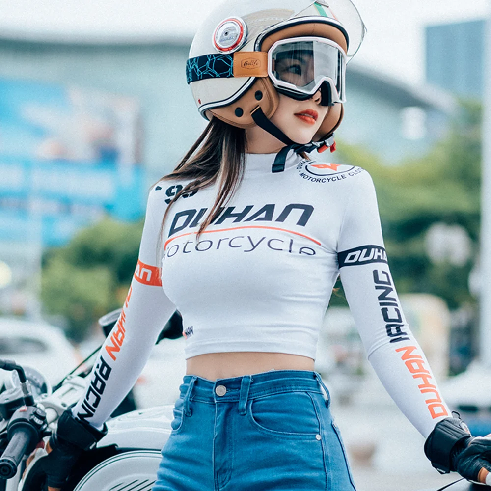 Women Motorcycle Quick-drying Underwear Sexy Crop Summer High-waisted Long-sleeved Short Slim Fit T-shirt Top Spicy Girls