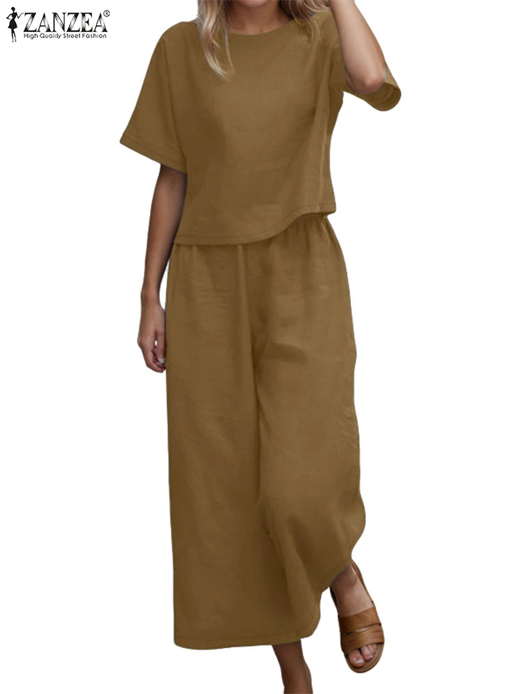 

ZANZEA Loose Daily Pant Sets O-Neck Half Sleeve Tops Casual Wide Leg Cropped Pants 2025 Summer 2 Piece Sets Two Piece Outfits