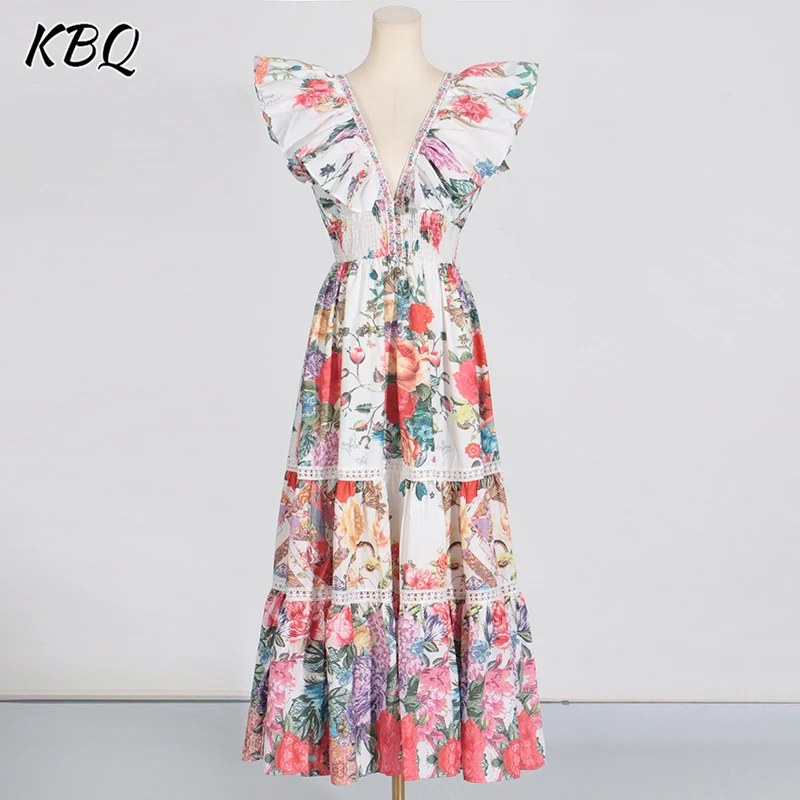 

KBQ Print Hollow Out Spliced Ruffles Dresses For Women V Neck Short Sleeve Backless High Waist Temperament Chic Dress Female New