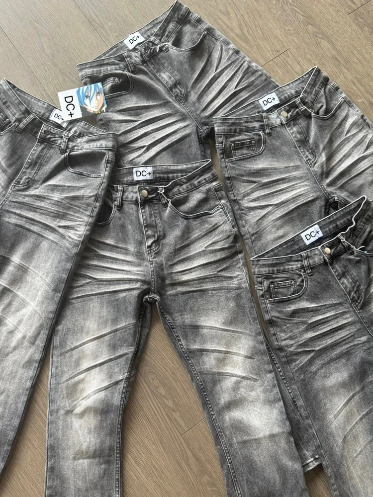 Men'S Fashion Grey Jeans - Jixuan アメリカンウォッシュドブラックカウ30 クリーンフィート ストレートレッグ マイクロフレア ハイストリートスタイル