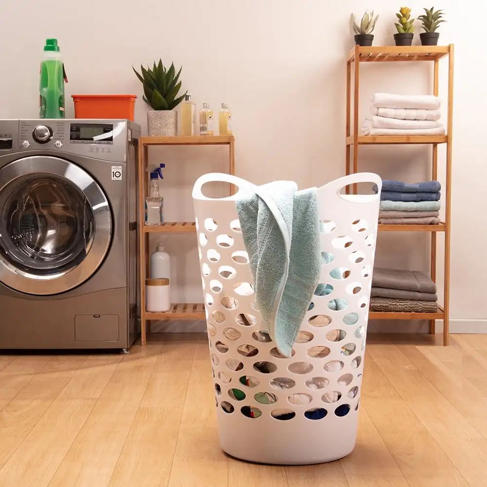 Cestos de lavanderia redondos de plástico flexíveis com alças, branco, pacote com 3