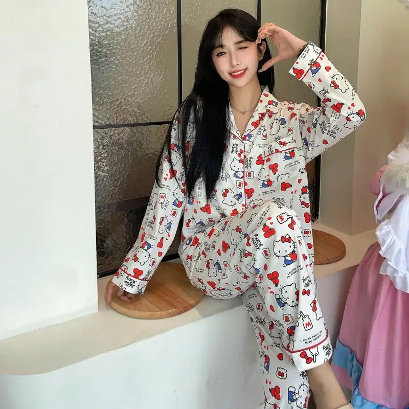 Hot Sanrio Female Long Sleeves Leisure Wear Suit Autumn Kawaii Hello Kitty Comic Student Easy Cardigan Pajamas Fashion Clothing