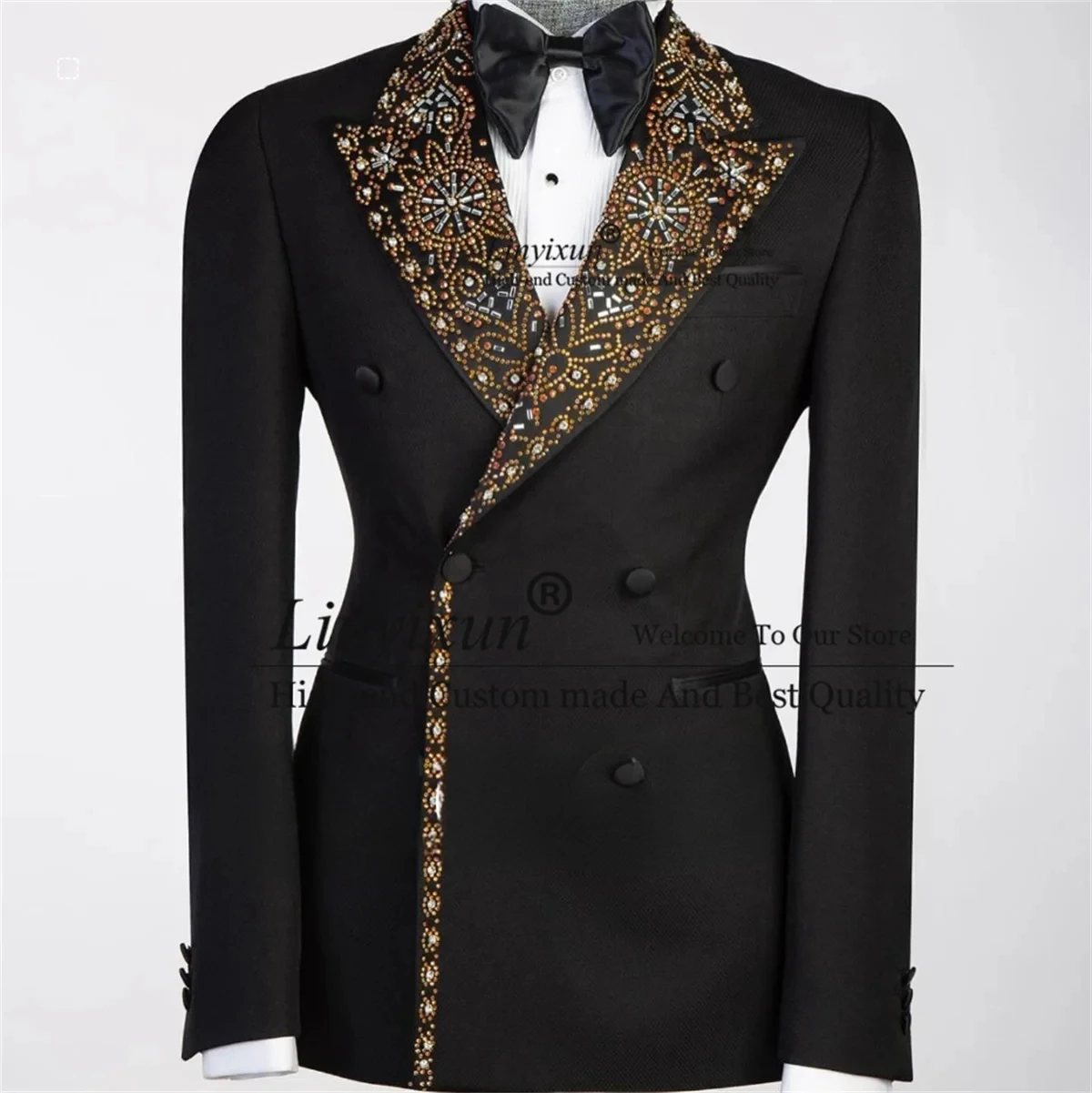 Men Suits Sparkly Diamond Beaded Tuxedos Double Breasted Groom Wedding Male Party Prom Blazer 2 Pieces Sets Slim Costume Homme