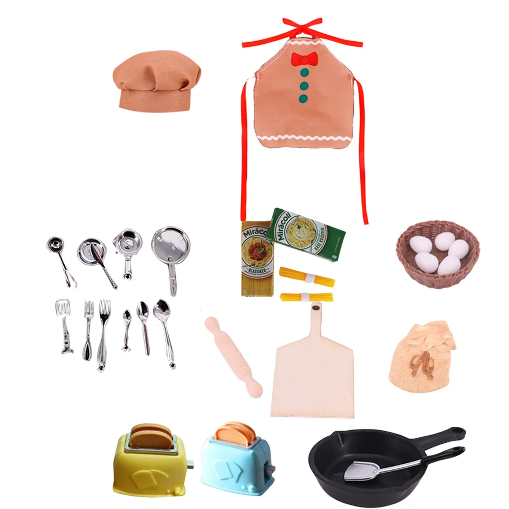 ชุดเครื่องครัวของเล่น หมวกเชฟ ผ้ากันเปื้อน อาหารจิ๋ว ของเล่นทำขนม อุปกรณ์ประกอบฉากสำหรับบ้านตุ๊กตา สำหรับตุ๊กตาขนาด 30 ซม. ตุ๊กตาสปิรท์ และตุ๊กตาบาบี้