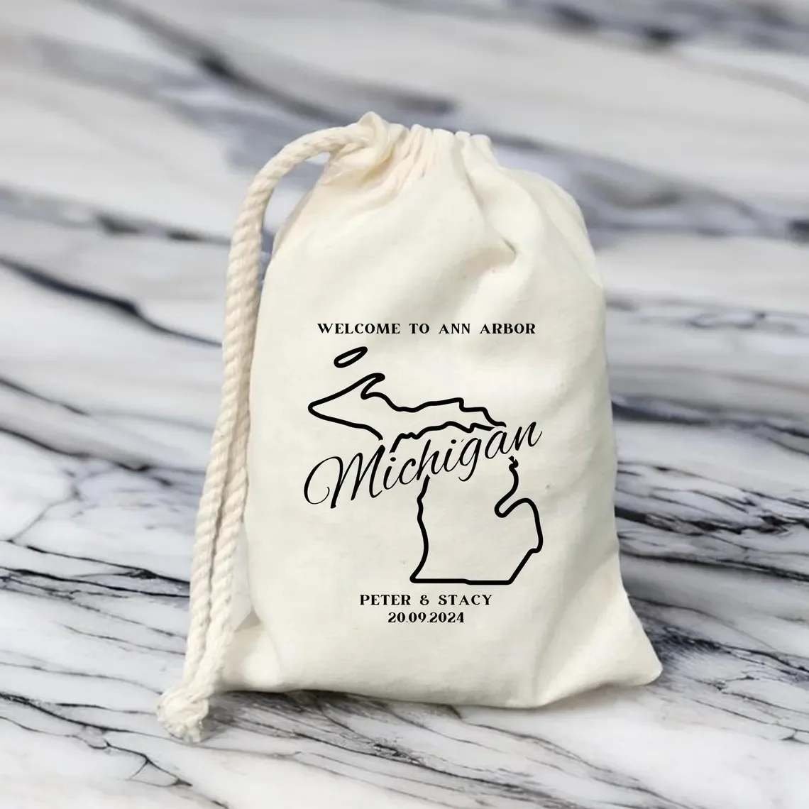 Personalized Welcome To Ann Arbor Bag, Michigan Destination Wedding Favors, Michigan Country Outline Map Bag, Beach Wedding Part