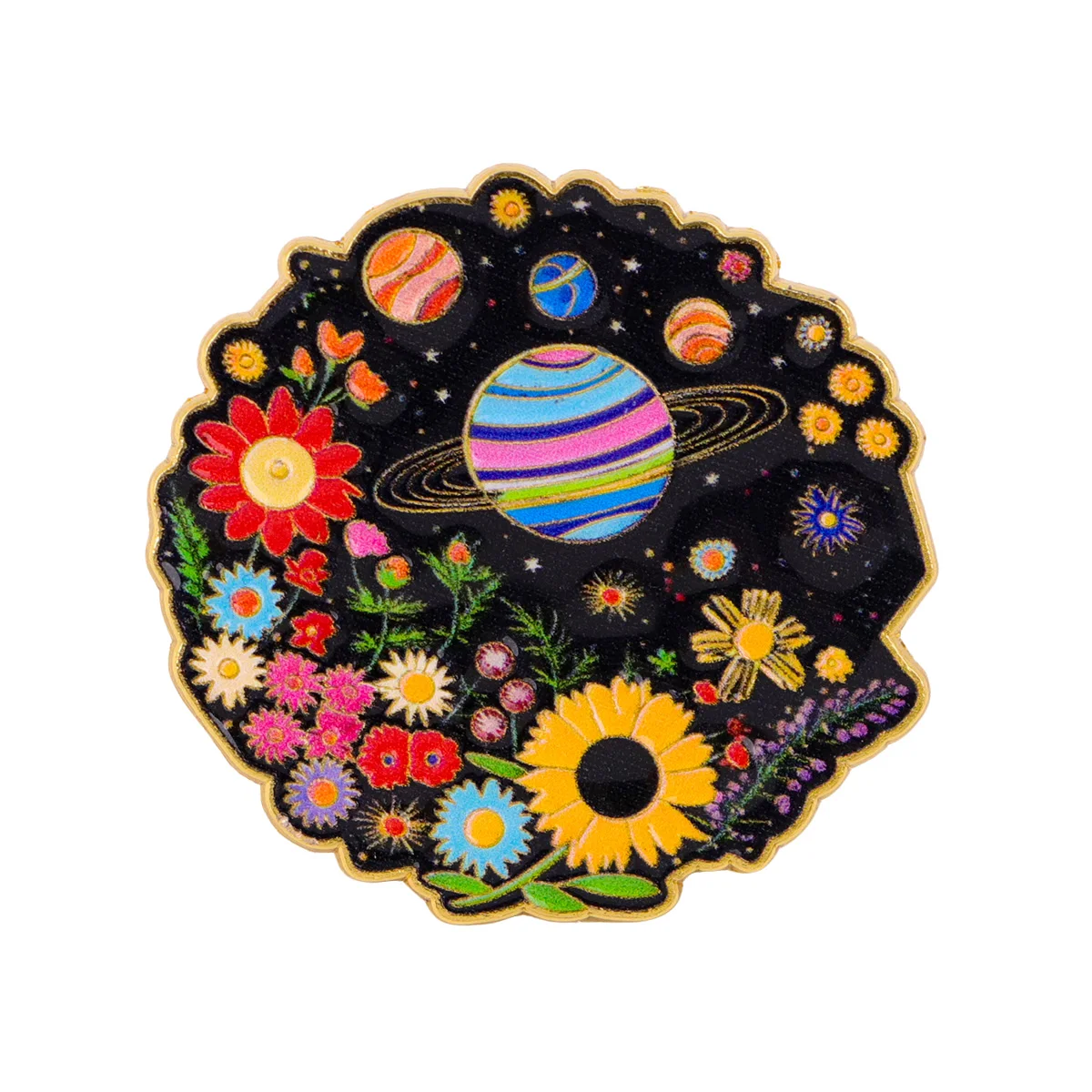 Pin esmaltado espacial planeta y flor para mochila, solapa
