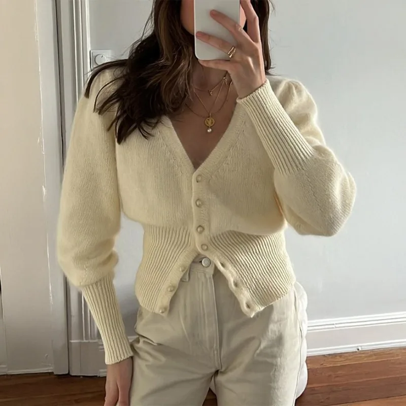 

Women's V Neck Cropped Cardigan Puff Sleeve Knit Button Up Sweater Casual Slim Fit Knitwear