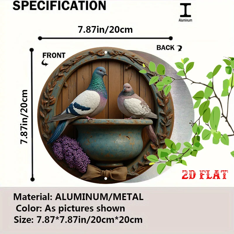 2D Flat, 2D Flat 1pc Pigeon 7.8X7.8Round Aluminum Sign, Birds Round Aluminum Sign, Pair Metal Tin Sign - Feeding Rustic Metal