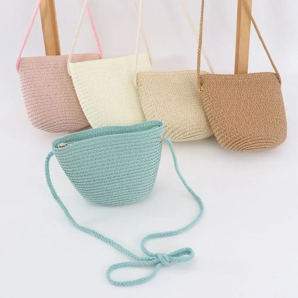 Straw Summer Pure Color Children Girls Shoulder Bag Coin Purse Crossbody Bags