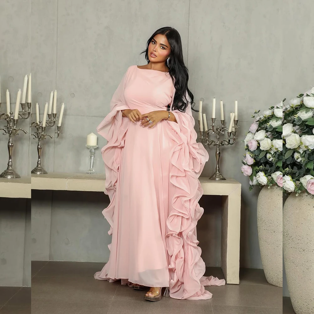 

Women Evening Dresses 2025 New Pink Prom Dress O Neck Backless Flare Sleeve Special Occasion Dress Garden Party Gowns Customized