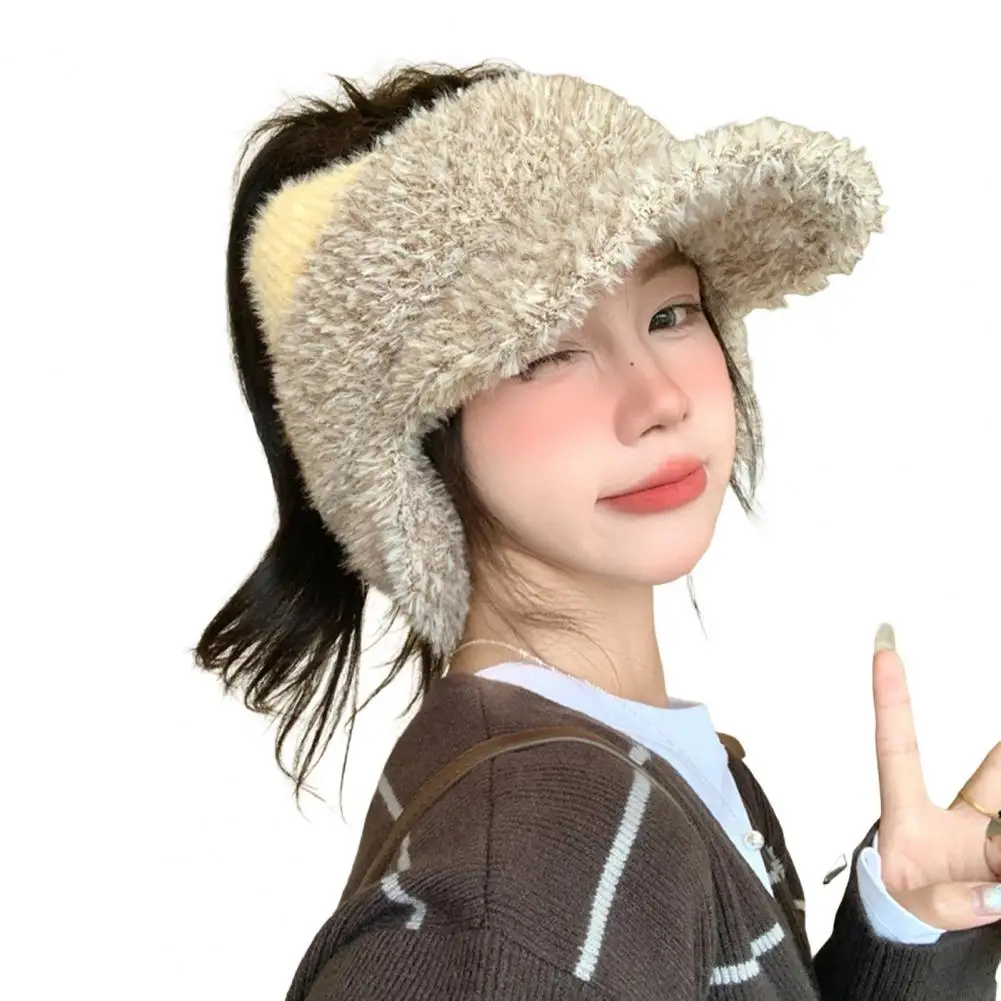 Ponytail S Fuzzy Brimmed Hat for Women Winter Visor Cap with Ear Flaps Plush Hat with Brim Open Top Ponytail Winter for Women