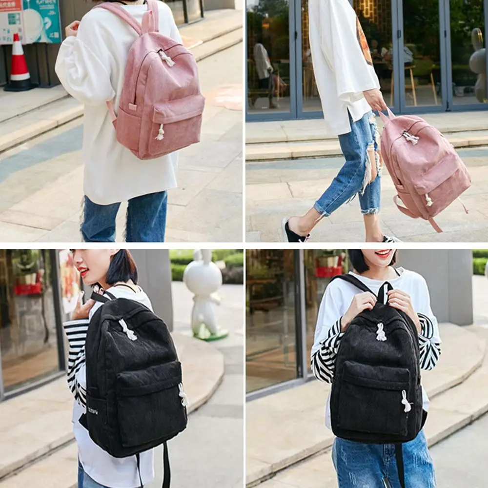 Ransel Corduroy Ringan Harajuku Warna Solid Tas Sekolah Siswa Gaya Jepang Kapasitas Besar Tas Ransel Siswa untuk Perjalanan