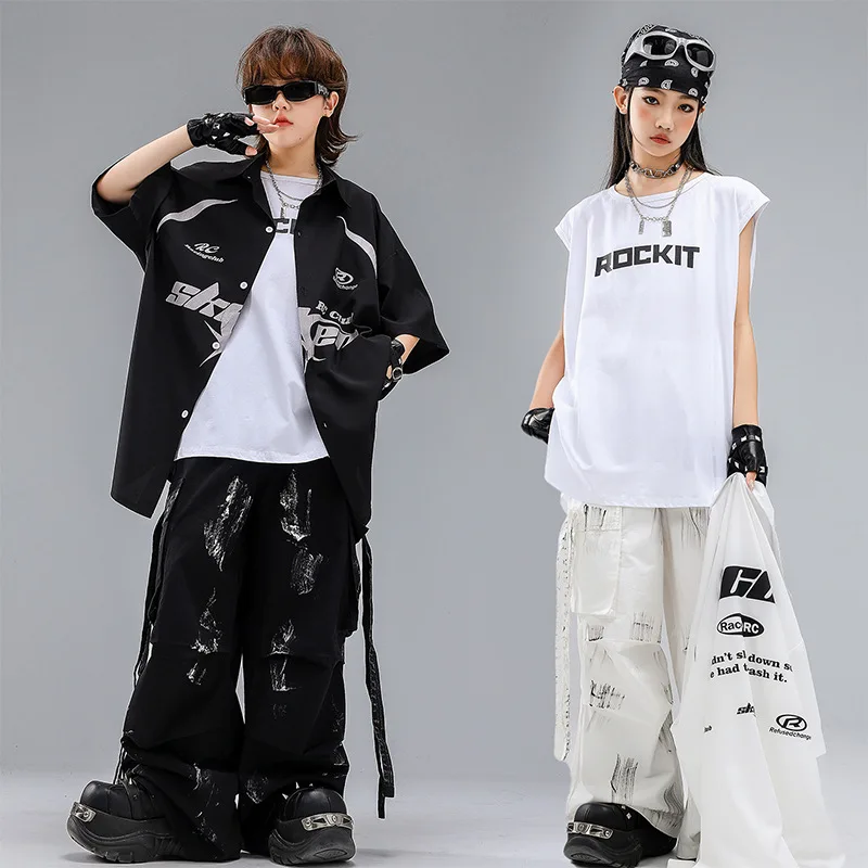 

Boys Hip Hop Clothes Set Girls Jazz Street Dance Costume Black White Short Sleeve Shirt Baggy Pants Ballroom Dancewear Clothing