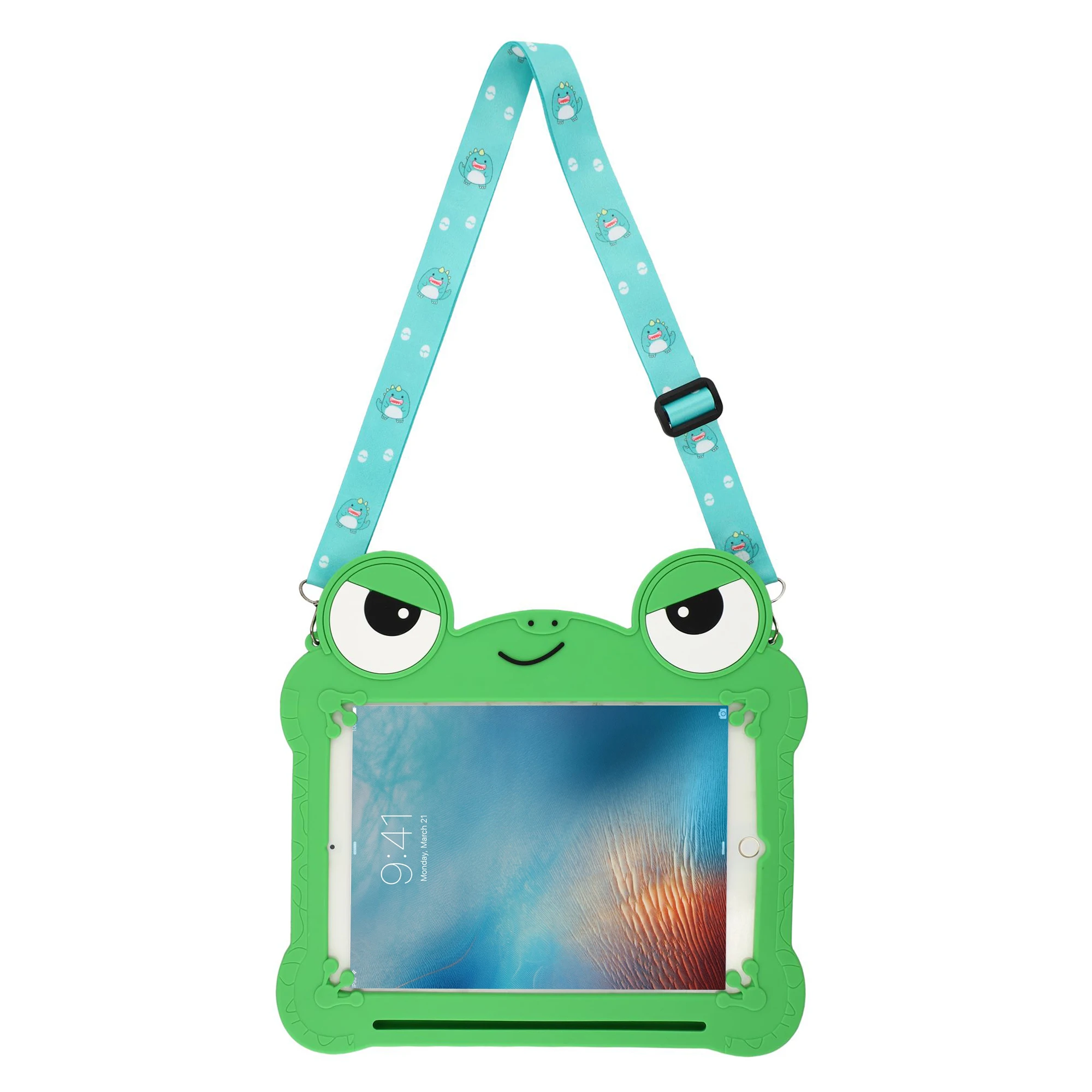 Tablet Case for iPad 9.7-inch (2018) / (2017) / Air 2 / Air (2013) , Rotating Kickstand Cute Frog Design Silicone Cover with Lan
