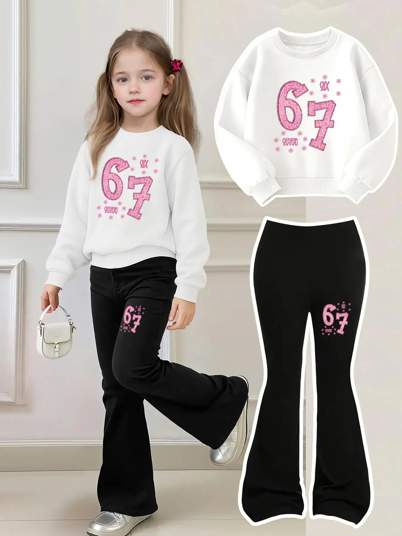Children's Clothing Set for Girls Ins “67 Six Seven” Printed Sweatshirt + Flared Pants Two-Piece Set, Black Pants Paired with Black, White, Rose Red, and Pink Tops, Suitable for Children Aged 4-12