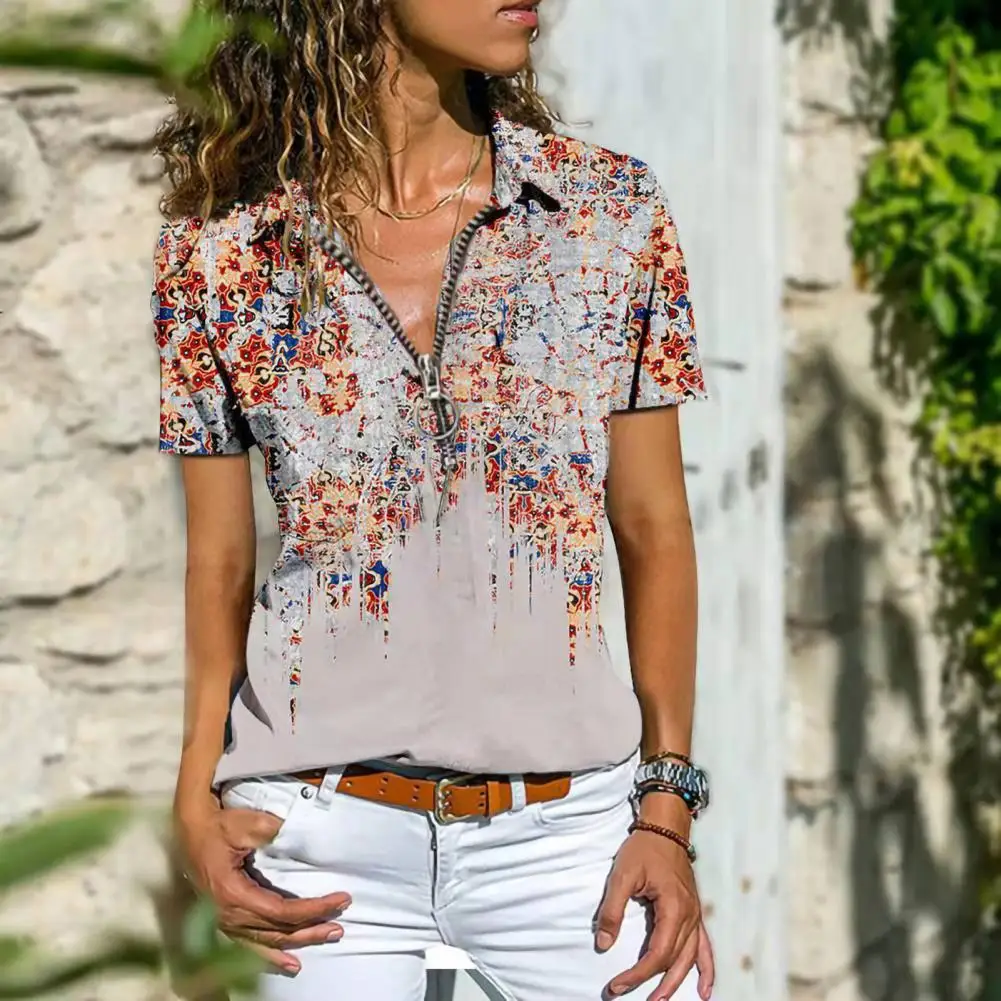 Women Shirt Ethnic Print Zipper Summer All Match Slim-fitting T-shirt Blouse Elegant Vintage Pattern Lady Shirt for Travel