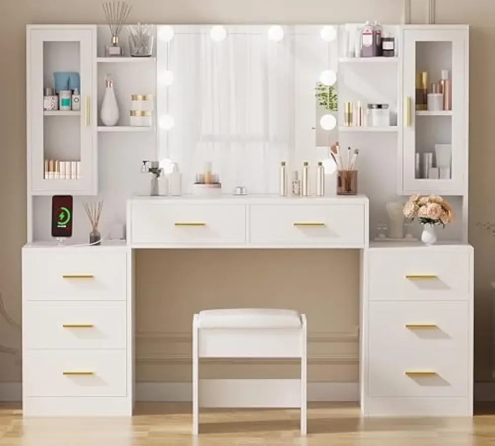 [سعر مخفض! ] طاولة مكتب كبيرة مقاس 5.5 بوصة مع مرآة وأضواء مكياج بيضاء مع مخرج طاقة و8 أدراج 3 أضواء