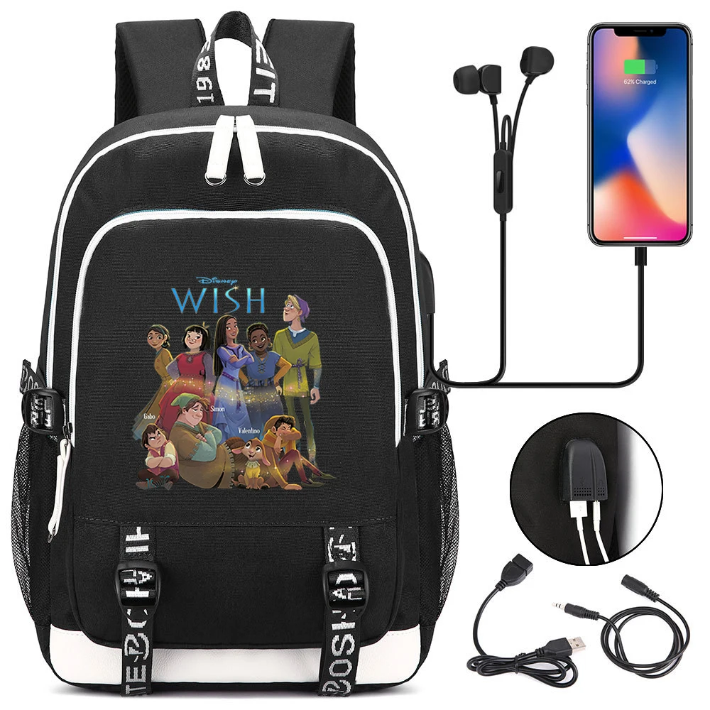 Hot Disney Wish Men Women USB Charging Laptop Travel Backpacks Boys Girls Teenager School Backpack Casual Mochila