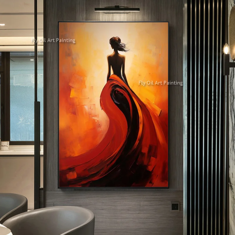 

Original Beautiful Gril Wear Red Derss Dacing Thick Oil Painting Handmade Abstract Elegance Gril Back Canvas Wall Art Decor