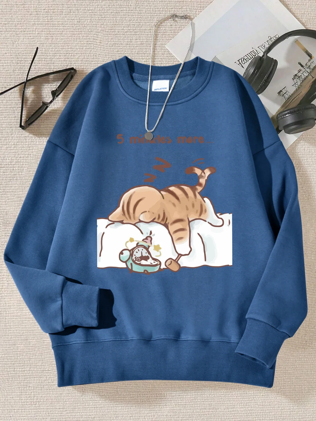 Women Simple Warm Autumn Sweatshirt Street Casual Unisex The Cat That Always Wants To Sleep Pattern Printed Hooded Pullovers