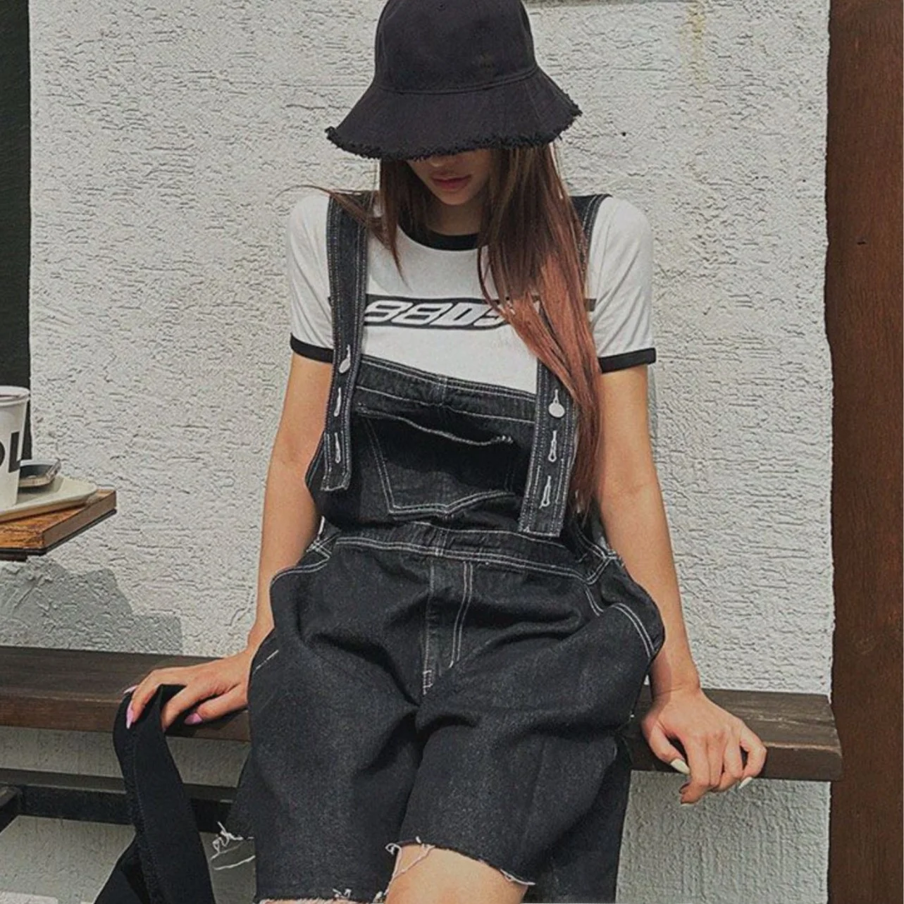 Korean Laid-back Style Frayed Hem Denim Overalls Vintage Ripped Loose Versatile Short Pants High Waist Asymmetric Five-Quarte...