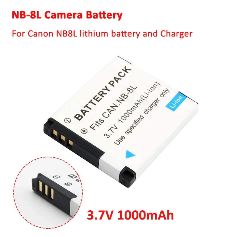 

NB-8L NB8L Battery 3.7V 1000mAh Li-ion Camera Batteries + Charger for Canon PowerShot A3300 A3200 A3100 A3000 A2200 A1200 IS
