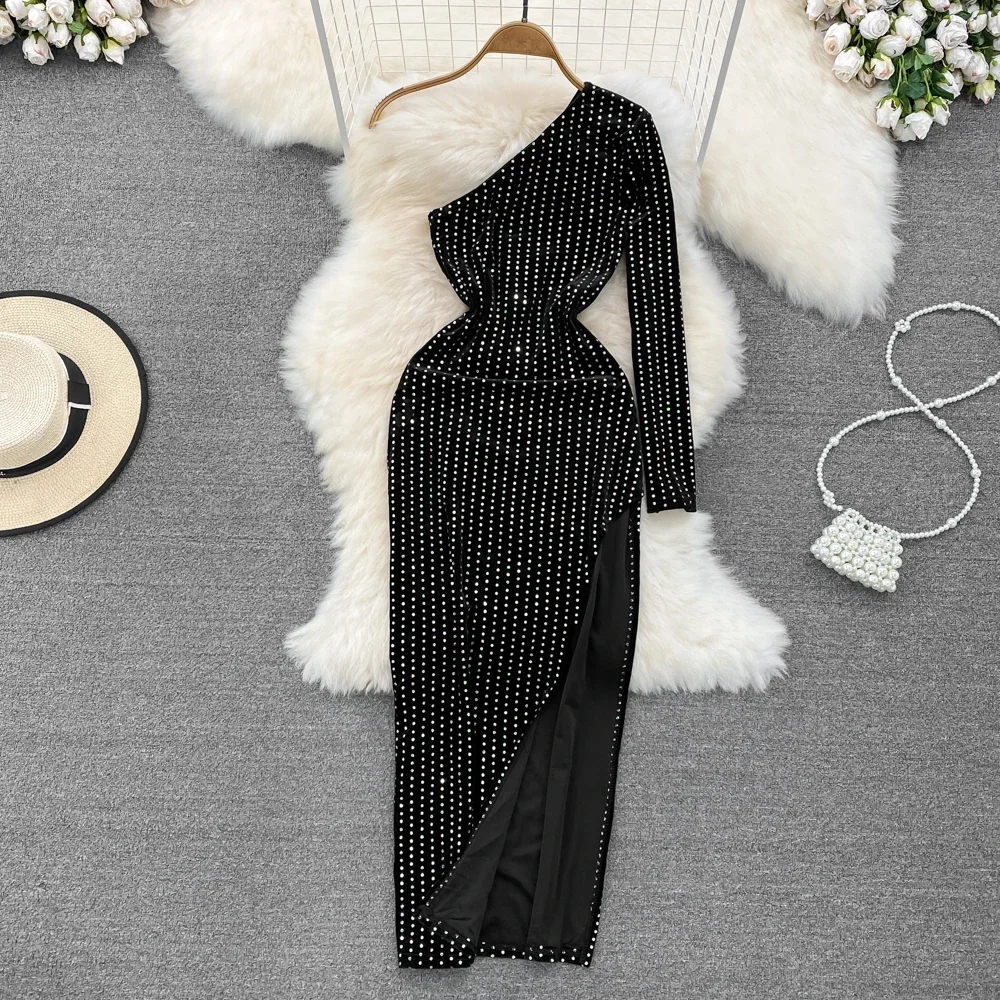 Sexy Black Mesh High Split Irregular Maxi Dress New Women Long Sleeve Bodycon Night Clubwear Long Dress