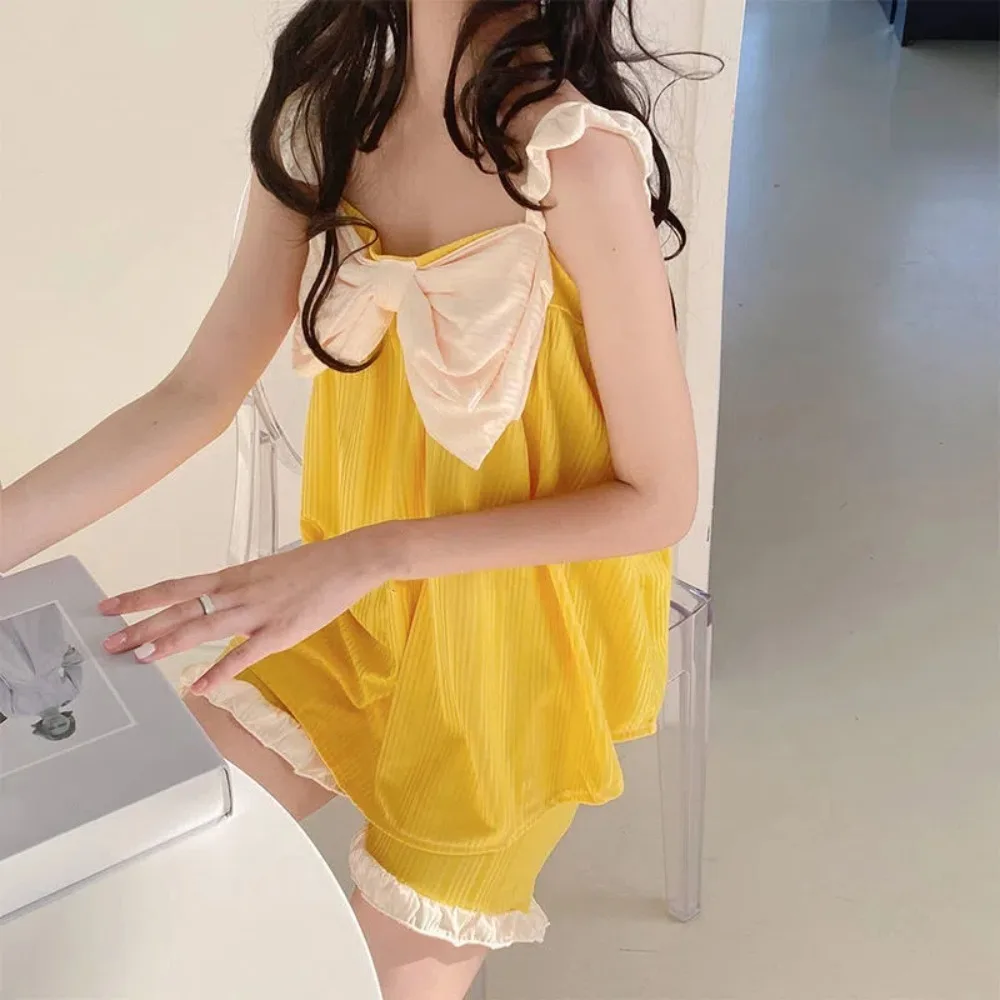 

Sweet Ruffle Suspender Shorts Pajama Suit Sleeveless Loose Two Piece Nightwears Patchwork Ins Bowknot Sleepwear Sets Women