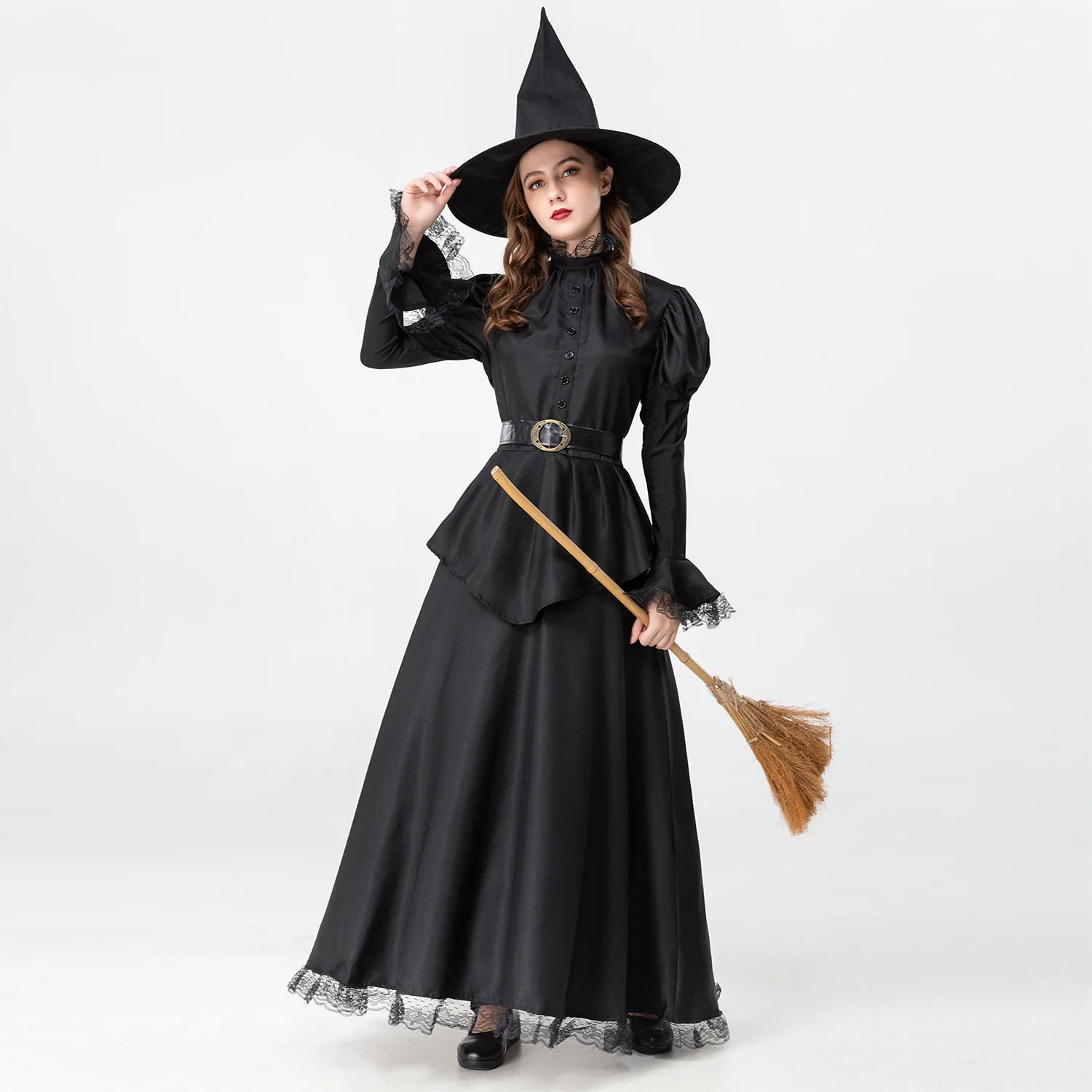 Vestido negro de Halloween, traje de juego de bruja, escoba, espectáculo de escenario