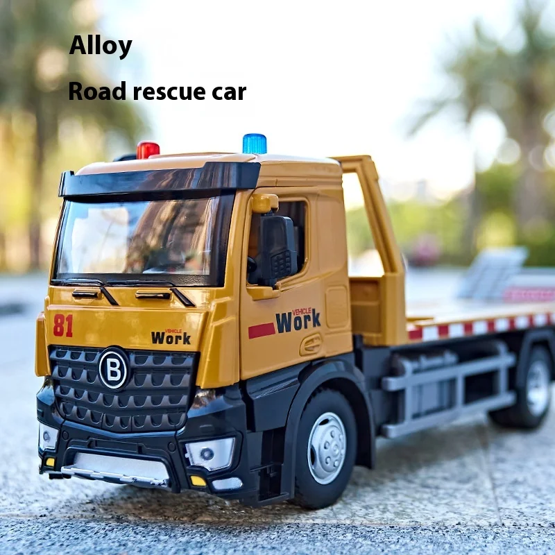 Large Flatbed Trailer Urban Road Rescue Vehicle Alloy Truck Diecast Model Sound & Light Toy Display Ornament Children Toy Gifts