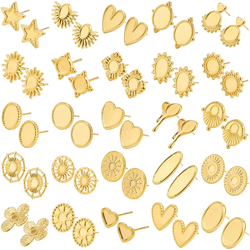 

5Pairs/10Pcs Stainless Steel Stud Earring Bases Gold Plated Round Heart Shaped Earrings Setting Tray Blanks for Jewelry Making
