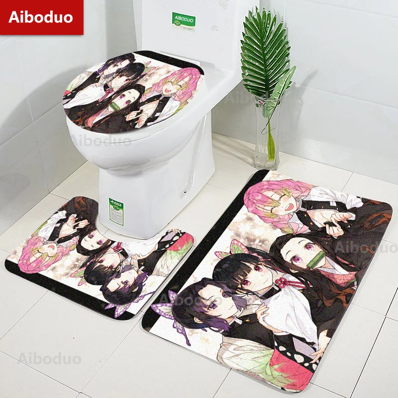 Aiboduo Demon Slayer Cute Sexy Girl 3pcs/set Toilet Lid Cover Set S M NonSlip Carpet Bath Mat Restroom Rug Anime Home Decoration