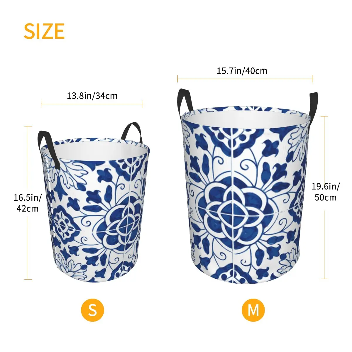 Custom Blue Portuguese Porcelain Tiles Laundry Hamper Large Storage Basket Flower Pattern Kids Nursery Toy Organizer