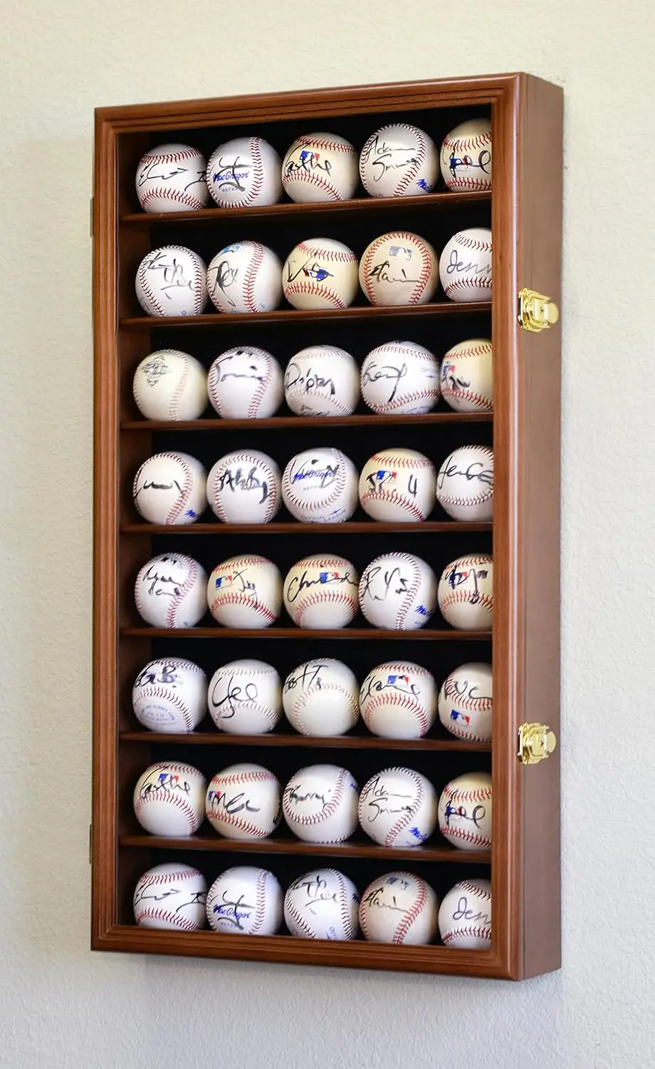 40 vitrina para pelotas de béisbol, soporte para gabinete, estante de pared con protección UV al 98% bloqueable, acabado en nogal