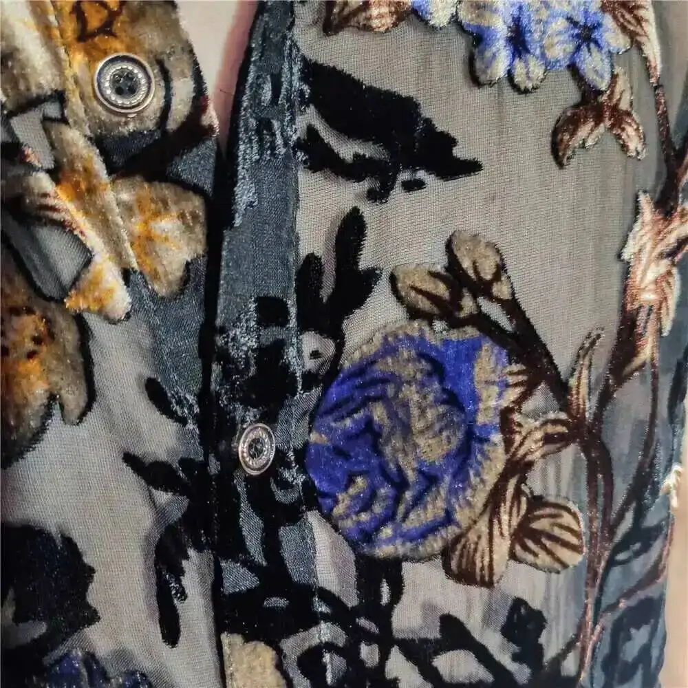 투명한 화려한 꽃무늬 벨벳 셔츠 남성용 반팔 섹시 셔츠 소셜 클럽 의상 파티 남성 셔츠