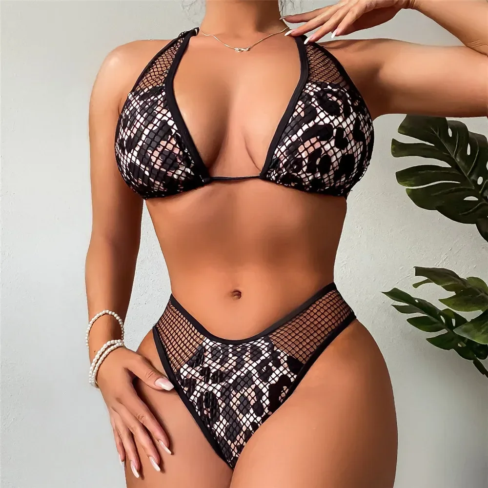 

Leopard Print Sexy Swimsuits Women 2025 Halter Bikinis Sets 2025 Mesh Splicing Swimwear High Leg Cut Bathing Suit Bikini Mujer